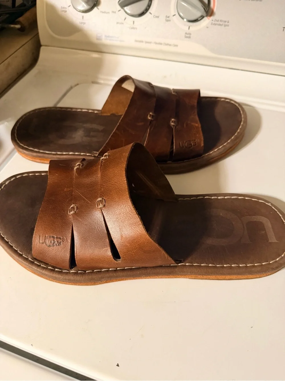 UGG Men’s Brown Leather Slide Sandals Comfort Casual Slip On Slides Size 12